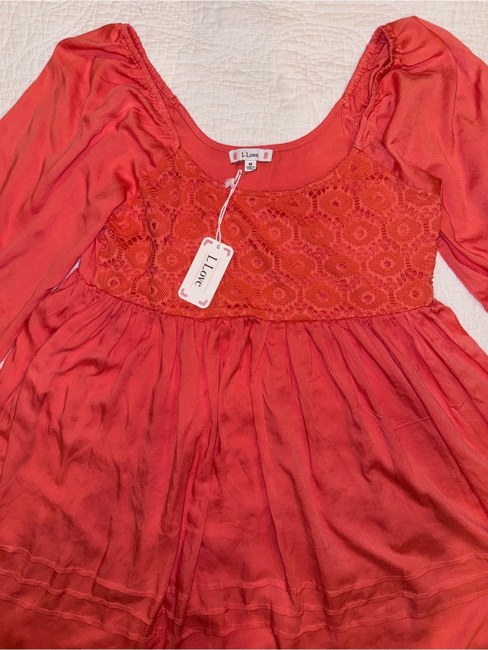 L Love Coral Boho Babydoll Dress Medium Puff Sleeve Cottagecore Peasant Mini - Picture 3 of 6